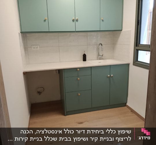 מטבח חדש עם ארונות ירוקים וכיור